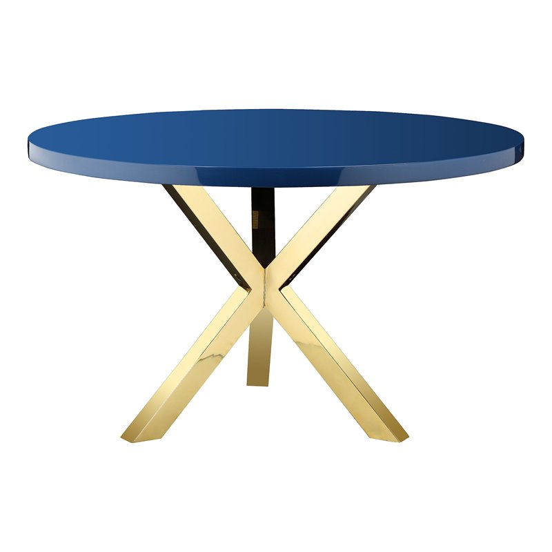 Pemberly Row Set of 3 Polished Steel Dining Table & Side Chairs in Navy/Gold