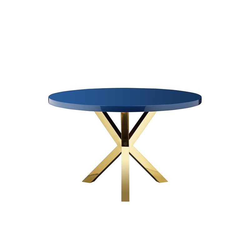 Pemberly Row Set of 3 Polished Steel Dining Table & Side Chairs in Navy/Gold