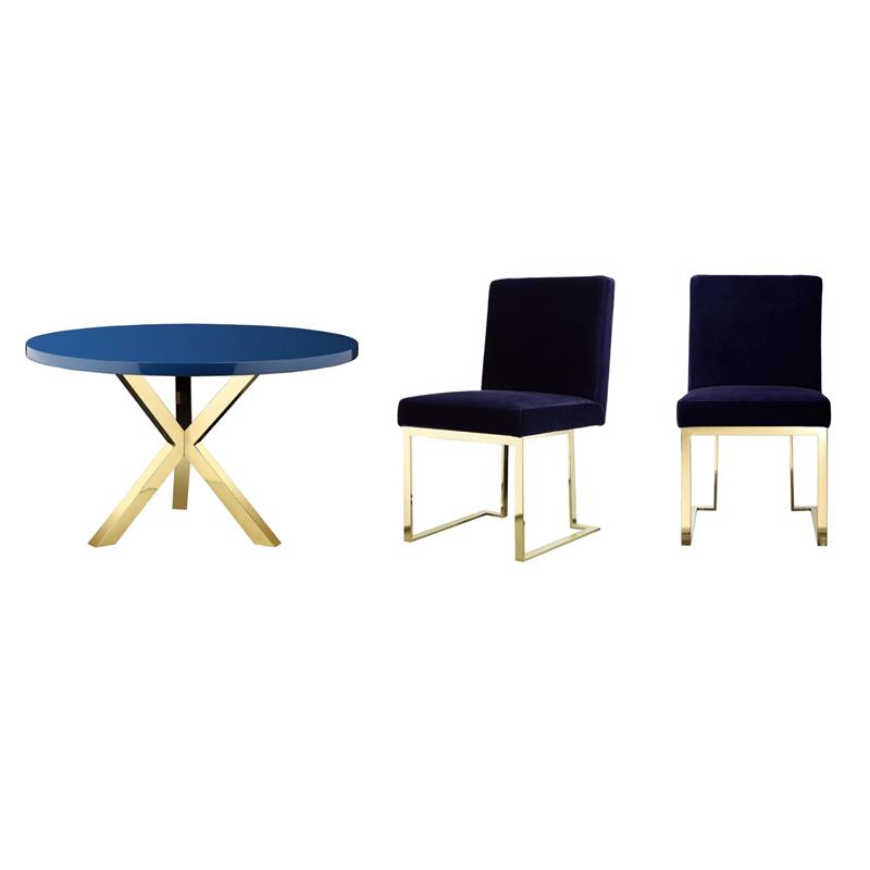 Pemberly Row Set of 3 Polished Steel Dining Table & Side Chairs in Navy/Gold