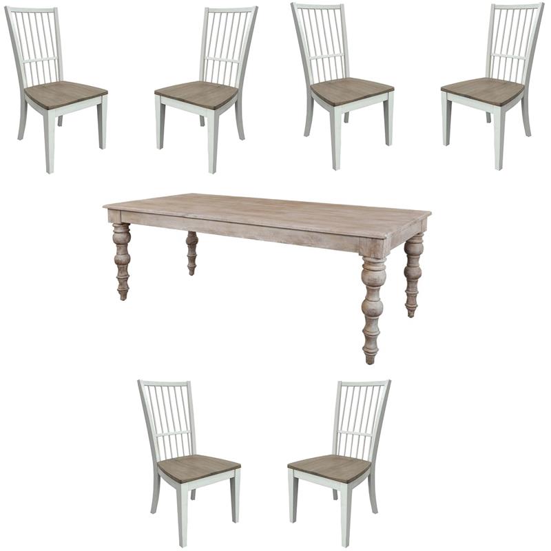 Pemberly Row Set of 7 Rectangular Wood Dining Table & Spindle Back Dining Chairs