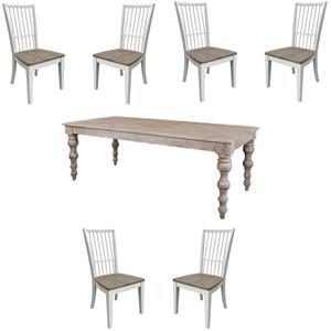 Pemberly Row Set of 7 Rectangular Wood Dining Table & Spindle Back Dining Chairs