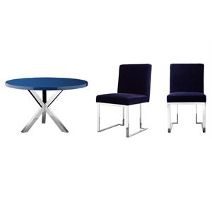 Pemberly Row Set of 3 Polished Steel Dining Table & Side Chairs in Navy/Silver