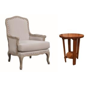 Pemberly Row Set of 2 Oak Round End Table and Regal Accent Chair