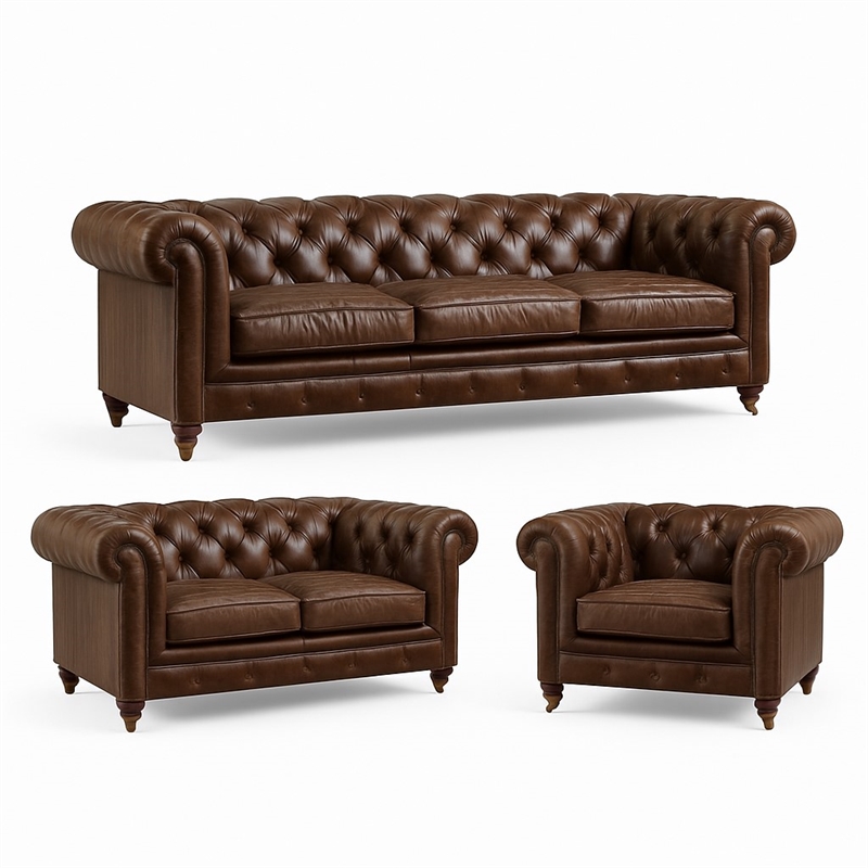Pemberly Row Set of 3 Leather Loveseat and Sofa and Armchair in Brown