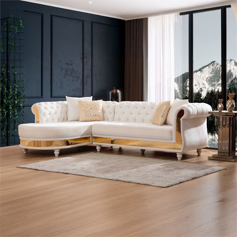 Pemberly Row Set of 2 Gold Detailed Tufted Upholstery Sectional & Coffee Table