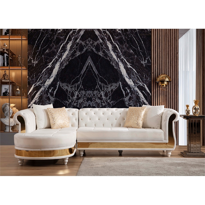 Pemberly Row Set of 2 Gold Detailed Tufted Upholstery Sectional & Coffee Table