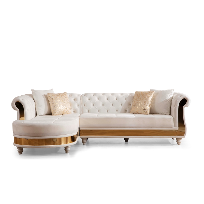 Pemberly Row Set of 2 Gold Detailed Tufted Upholstery Sectional & Coffee Table