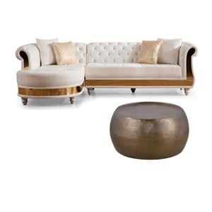 Pemberly Row Set of 2 Gold Detailed Tufted Upholstery Sectional & Coffee Table