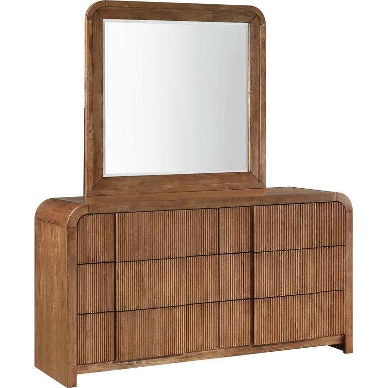 Pemberly Row Set of 4 Brushed Silver Mirror & Walnut Oak Dresser & Nightstands
