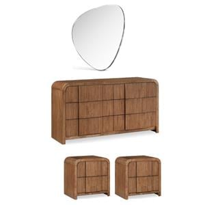 Pemberly Row Set of 4 Brushed Silver Mirror & Walnut Oak Dresser & Nightstands