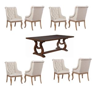 Pemberly Row Set of 9 104&quot Extension Leaf Dining Table and Upholstered Chairs