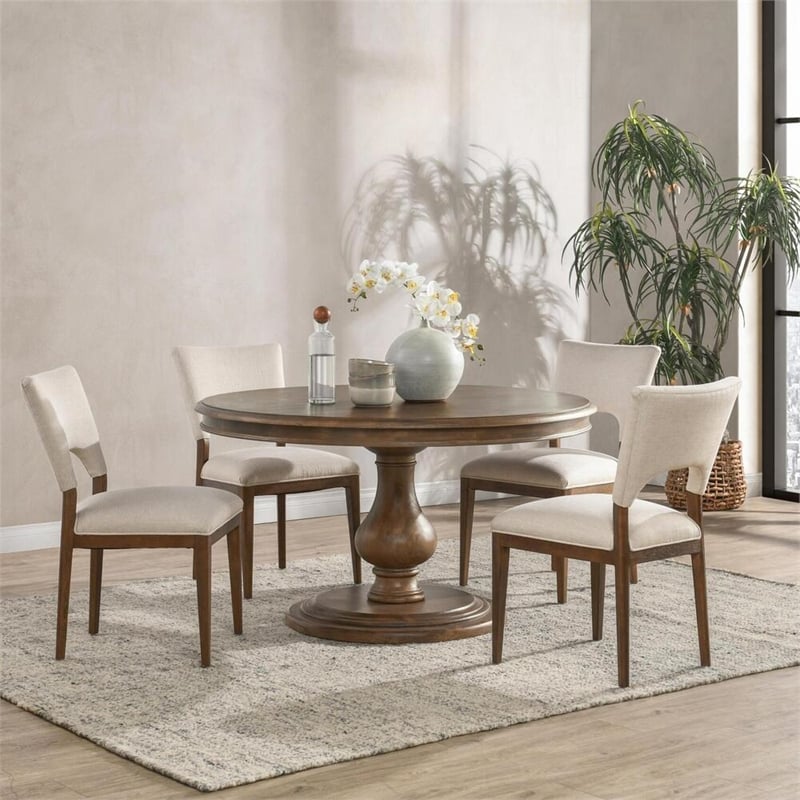 Pemberly Row Set of 5 Solid Pine Wood Round Dining Table and Dining Chairs