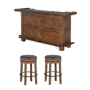 Pemberly Row Set of 3 Bar Unit and Swivel Barstools in Taupe Brown