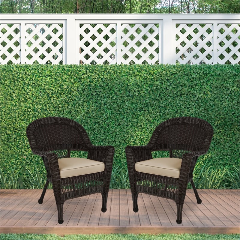 Pemberly Row Wicker Chair in Espresso with Tan Cushion (Set of 2)