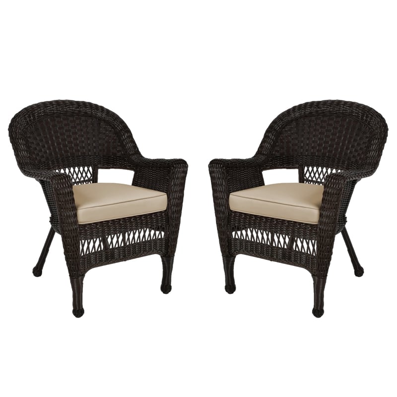 Pemberly Row Wicker Chair in Espresso with Tan Cushion (Set of 2)