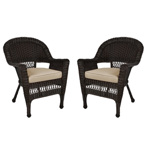 Pemberly Row Wicker Chair in Espresso with Tan Cushion (Set of 2)
