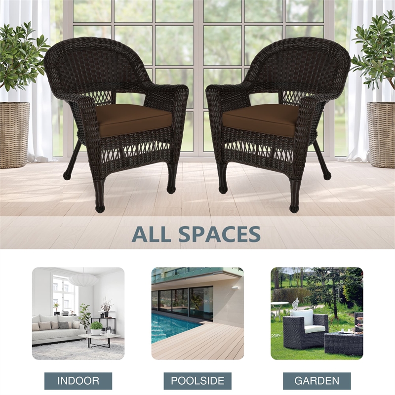 Pemberly Row Wicker Chair in Espresso with Brown Cushion (Set of 2)