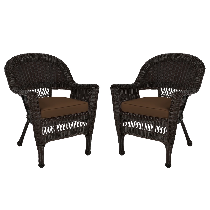 Pemberly Row Wicker Chair in Espresso with Brown Cushion (Set of 2)