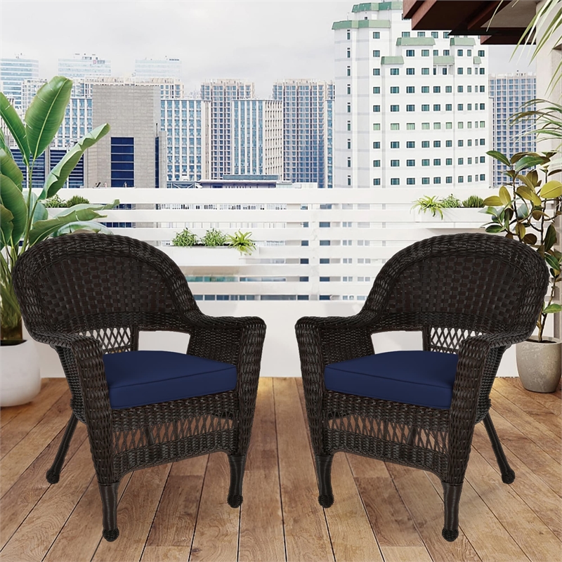 Pemberly Row Wicker Chair in Espresso with Blue Cushion (Set of 2)