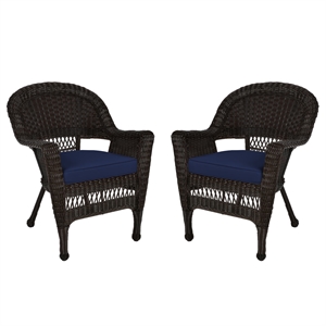 Pemberly Row Wicker Chair in Espresso with Blue Cushion (Set of 2)