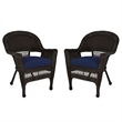 Pemberly Row Wicker Chair in Espresso with Blue Cushion (Set of 2)
