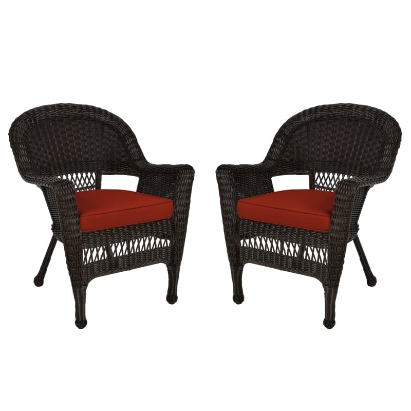 Pemberly Row Wicker Chair in Espresso with Red Cushion (Set of 2)