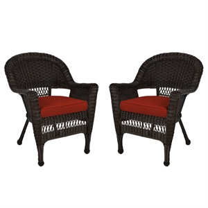 Pemberly Row Wicker Chair in Espresso with Red Cushion (Set of 2)