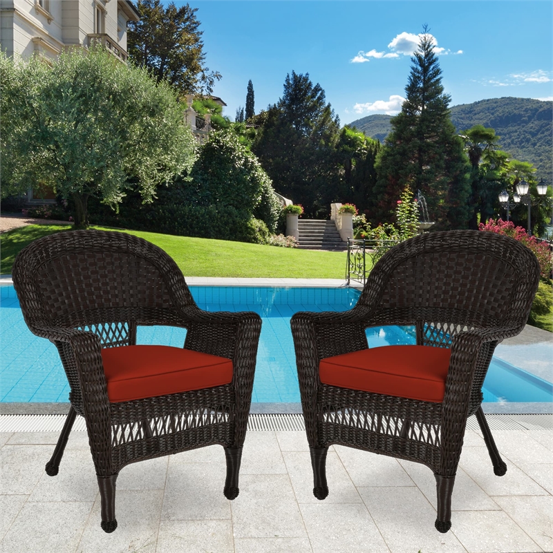 Pemberly Row Wicker Chair in Espresso with Red Cushion (Set of 2)