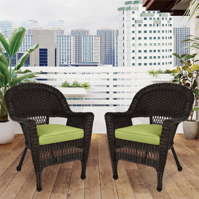 Pemberly Row Wicker Chair in Espresso with Green Cushion (Set of 2)
