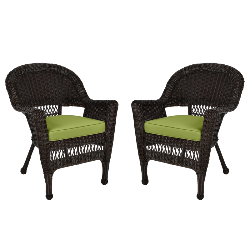 Pemberly Row Wicker Chair in Espresso with Green Cushion (Set of 2)