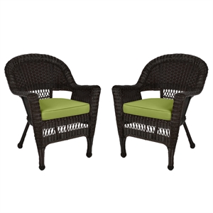 Pemberly Row Wicker Chair in Espresso with Green Cushion (Set of 2)