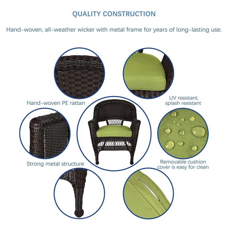 Pemberly Row Wicker Chair in Espresso with Green Cushion (Set of 2)