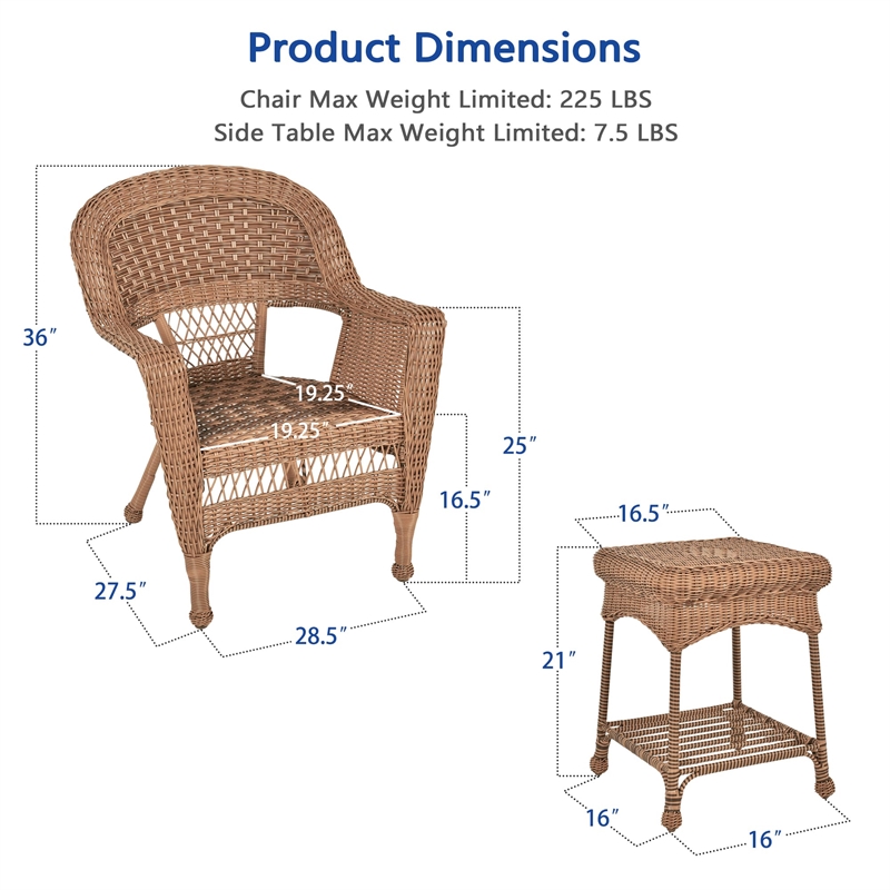 Pemberly Row 3pc Wicker Chair and End Table Set in Honey without Cushion