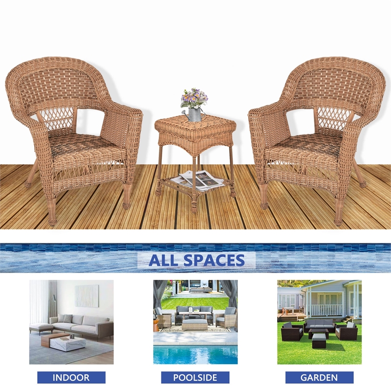 Pemberly Row 3pc Wicker Chair and End Table Set in Honey without Cushion