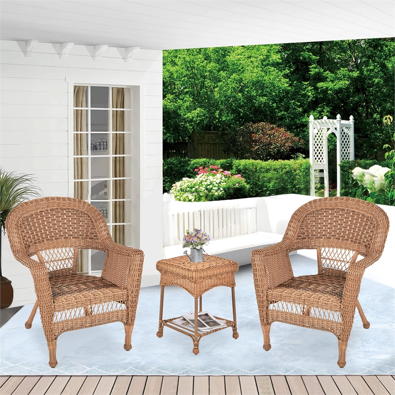 Pemberly Row 3pc Wicker Chair and End Table Set in Honey without Cushion
