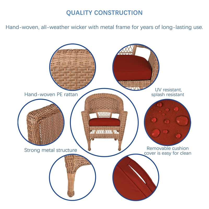 Pemberly Row Wicker Chair in Honey with Red Cushion (Set of 2)