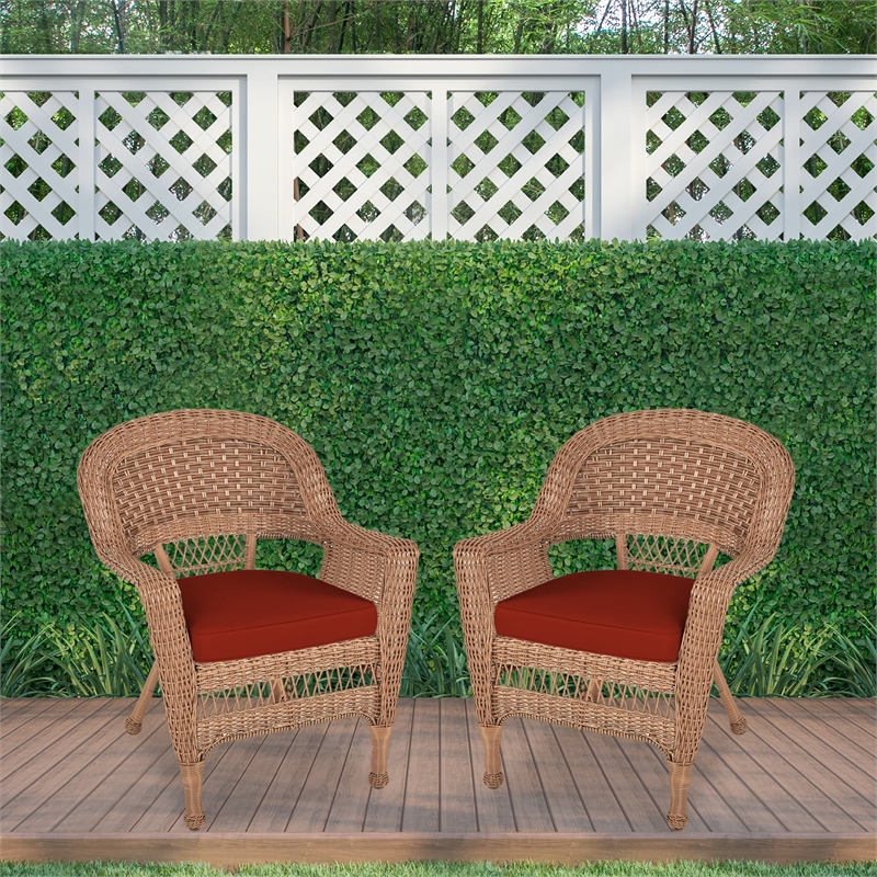 Pemberly Row Wicker Chair in Honey with Red Cushion (Set of 2)