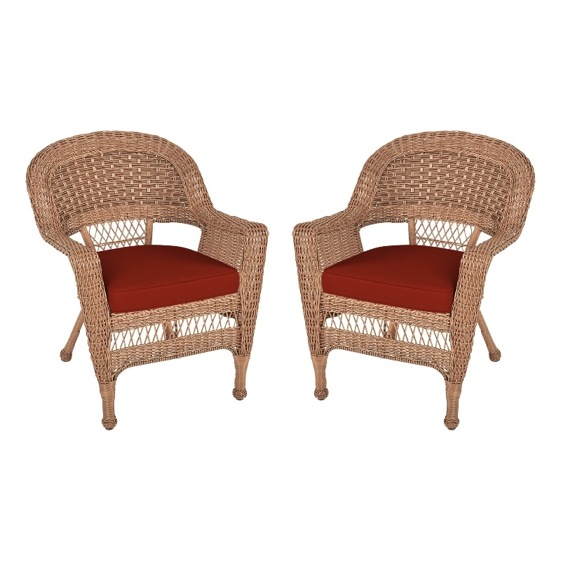 Pemberly Row Wicker Chair in Honey with Red Cushion (Set of 2)