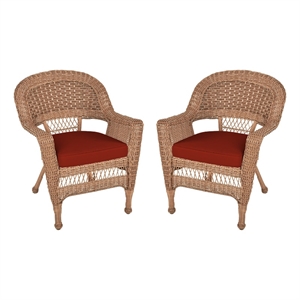 Pemberly Row Wicker Chair in Honey with Red Cushion (Set of 2)