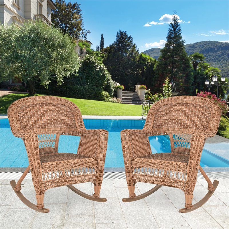 Pemberly Row Country / Cottage Resin Wicker Patio Rockers in Honey (Set of 2)