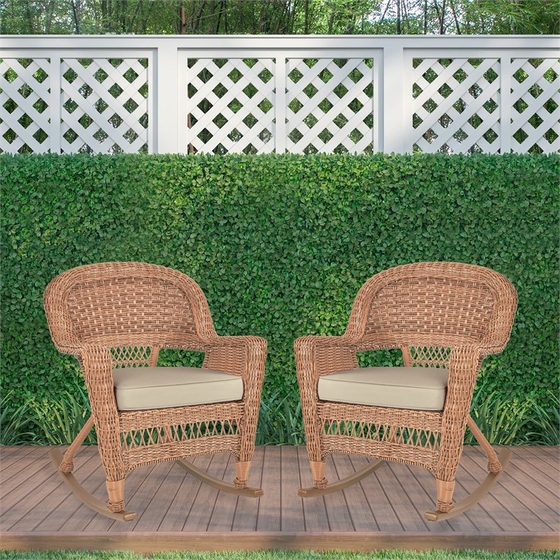 Pemberly Row Wicker Rocker Chair in Honey with Tan Cushion (Set of 2)