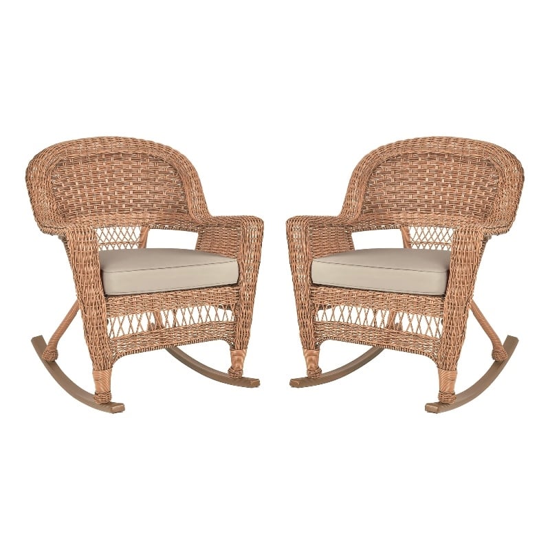 Pemberly Row Wicker Rocker Chair in Honey with Tan Cushion (Set of 2)