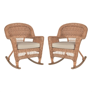 Pemberly Row Wicker Rocker Chair in Honey with Tan Cushion (Set of 2)