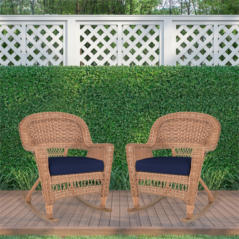 Pemberly Row Wicker Rocker Chair in Honey with Blue Cushion (Set of 2)