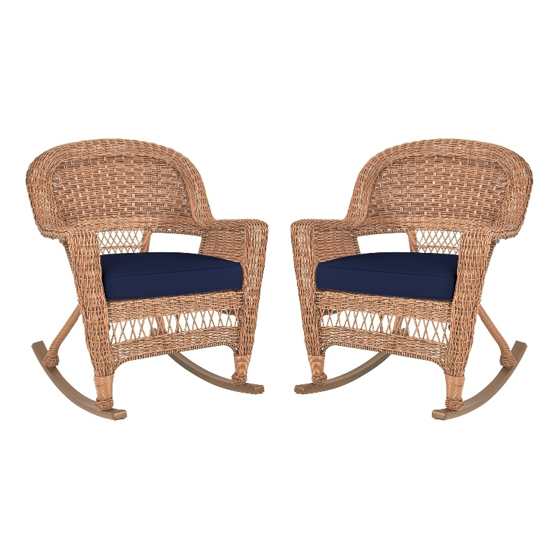 Pemberly Row Wicker Rocker Chair in Honey with Blue Cushion (Set of 2)