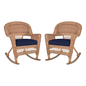Pemberly Row Wicker Rocker Chair in Honey with Blue Cushion (Set of 2)