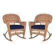 Pemberly Row Wicker Rocker Chair in Honey with Blue Cushion (Set of 2)
