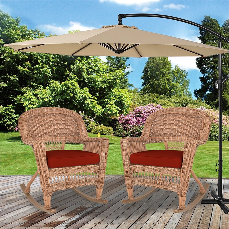 Pemberly Row Wicker Rocker Chair in Honey with Red Cushion (Set of 2)