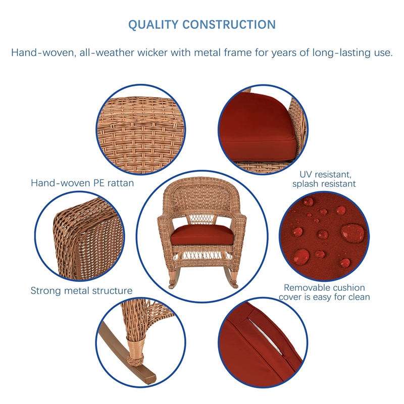 Pemberly Row Wicker Rocker Chair in Honey with Red Cushion (Set of 2)