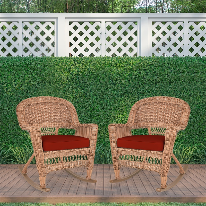 Pemberly Row Wicker Rocker Chair in Honey with Red Cushion (Set of 2)